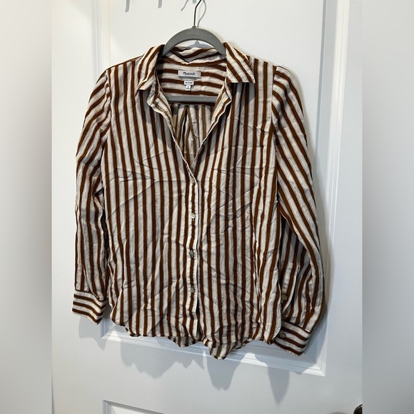 Madewell Women’s Crinkle Button-Up Shirt – Relaxed Fit, Toffee Stripe, Size Medi - Picture 5 of 9